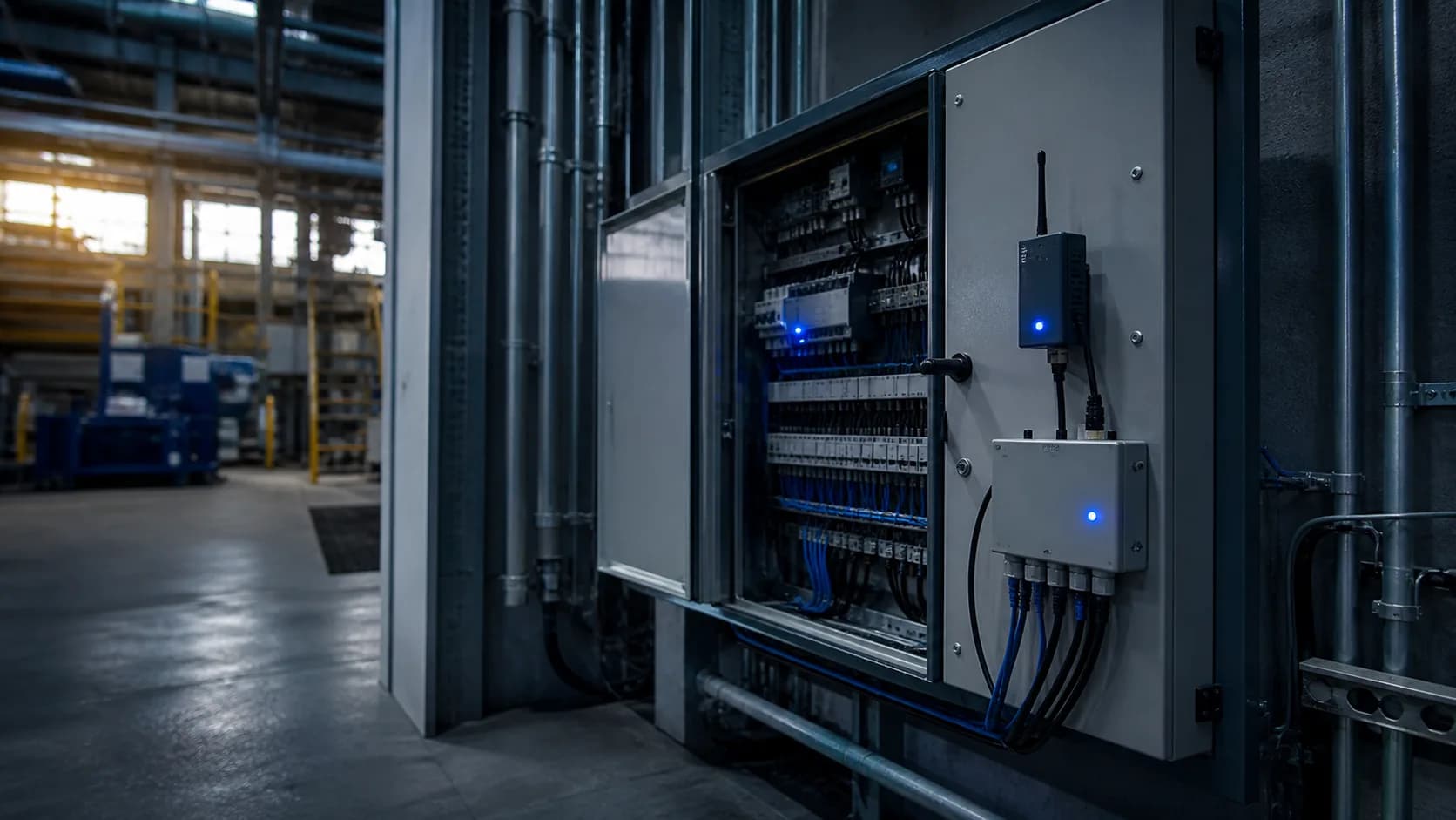 Endüstriyel tesiste IoT bağlantılı elektrik kontrol panosu